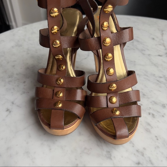 Michael by Michael Kors NWOT High Heel Platform Sandals Brown Leather Studded - Picture 4 of 12